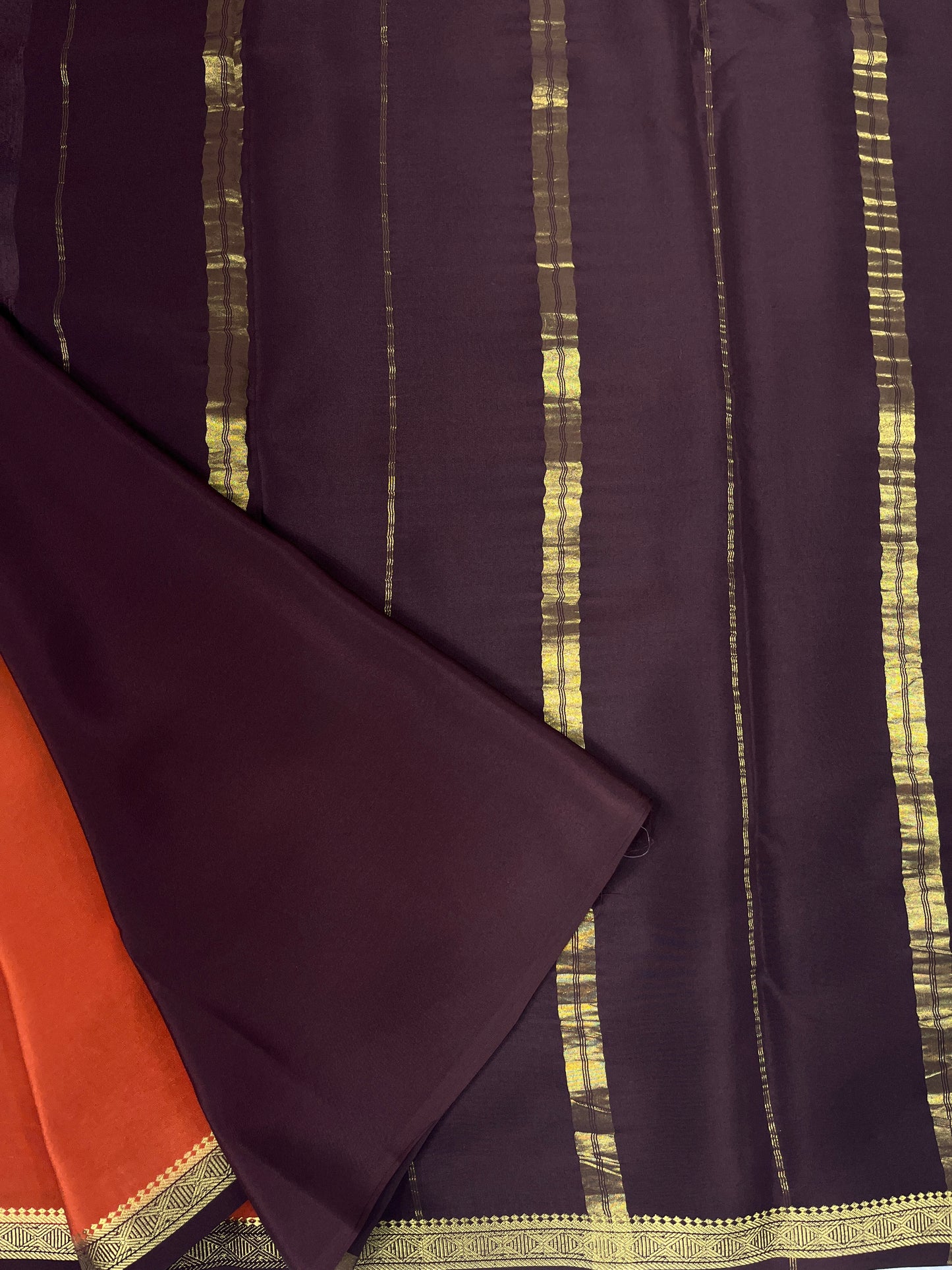 Pure Zari Mysore Silk Saree One Inch Dimond Border In Orange With Brown Contrast Color Blouse