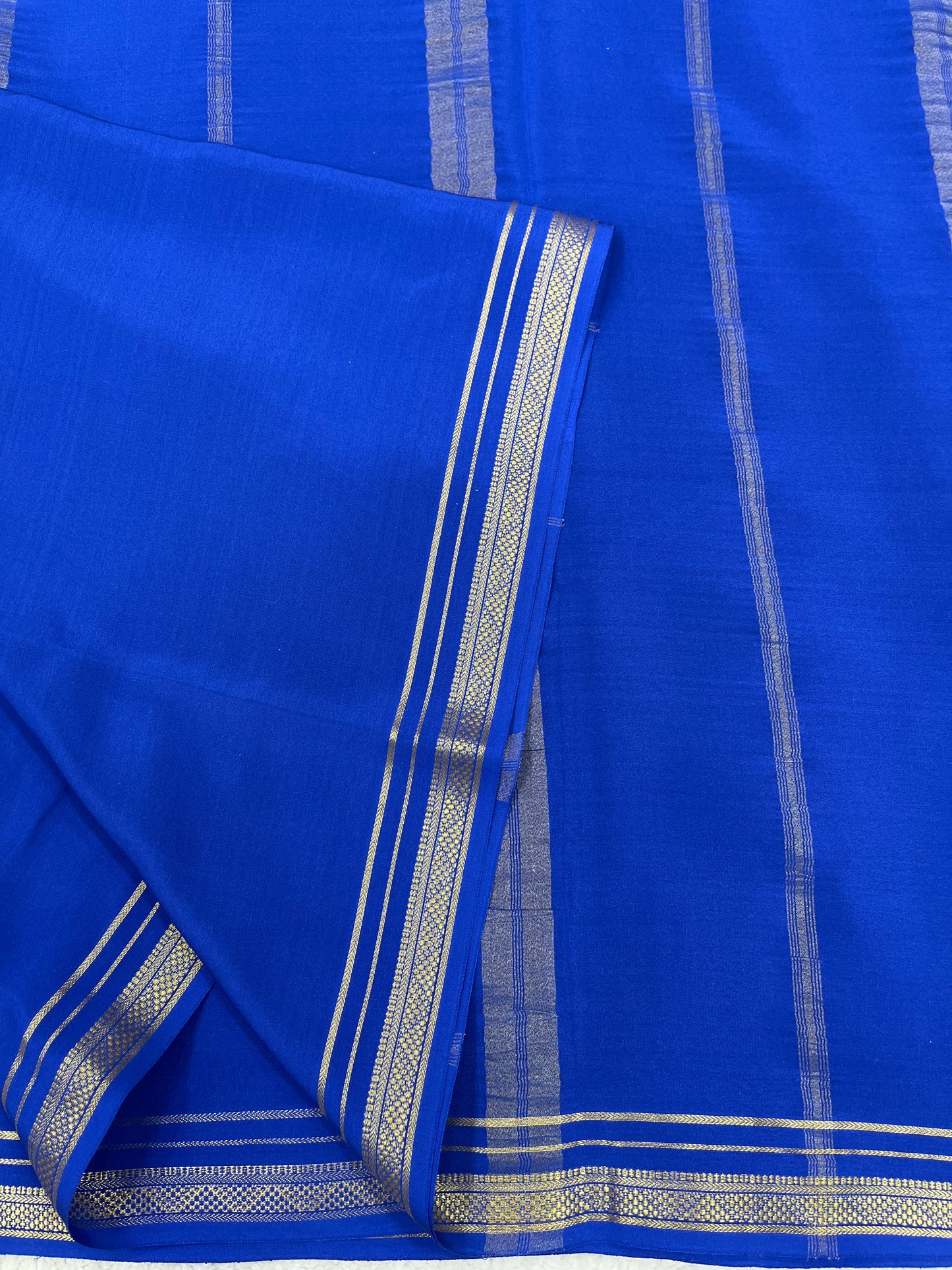 Two Line One Inch Border in Gold Lace Mysore silk saree In Self Teal Blue Color