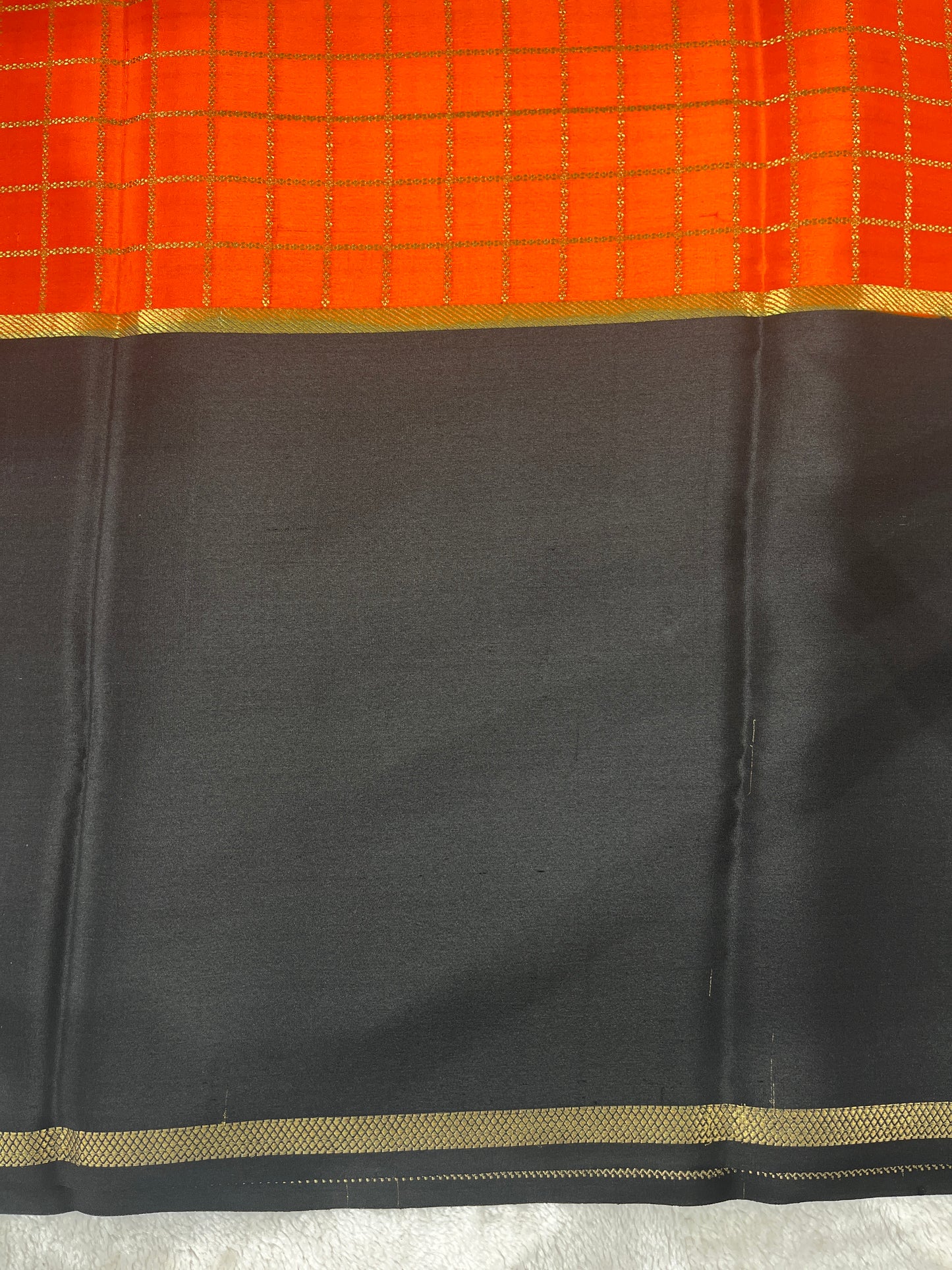 Pure CSG Zari Mysore Silk Saree Between Checks Pattern Orange With Black Contrast Color Blouse