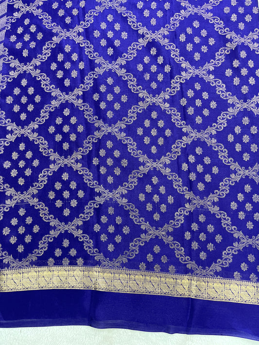 Pure crepe blue with golden border Mysore silk 1111802-(80 GSM)