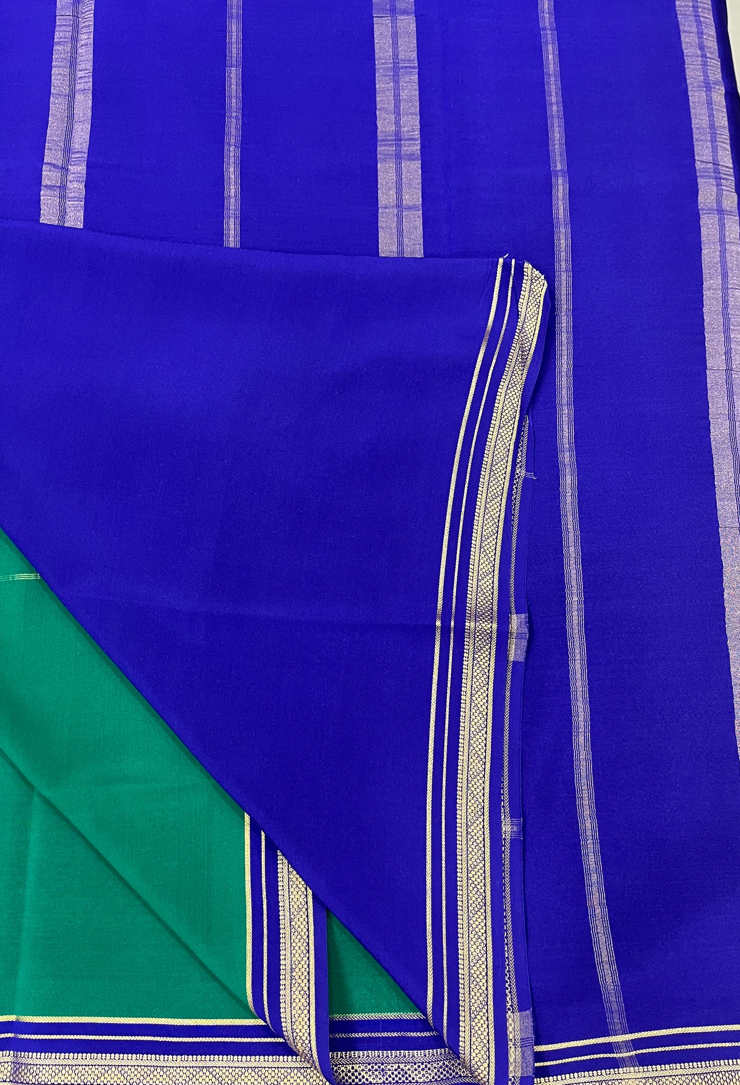 Two Line One Inch Border in Gold Lace Mysore silk saree In Green With Blue Contrast Color