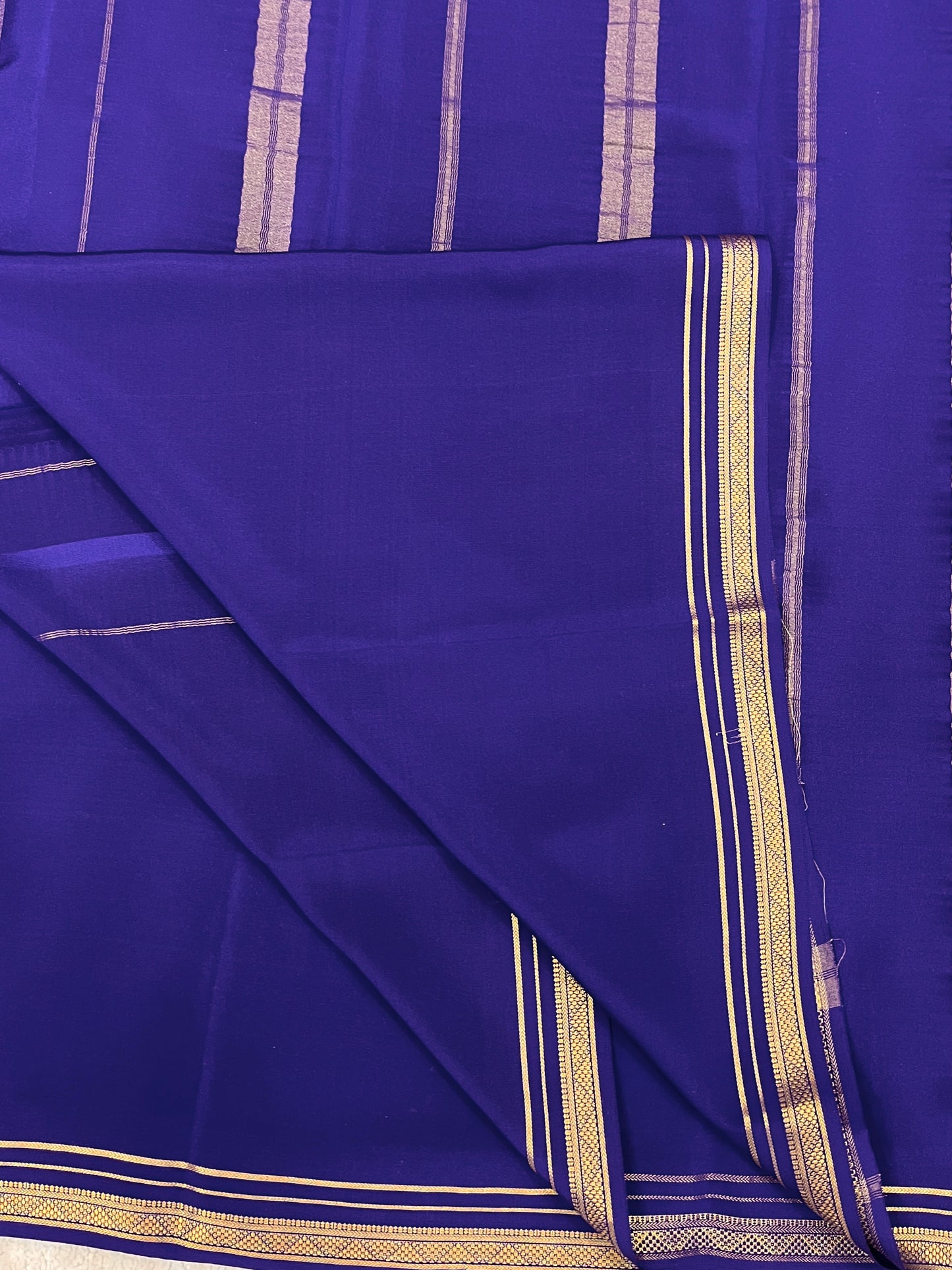 Two Line One Inch Border in Gold Lace Mysore silk saree In Self Navy Blue Color