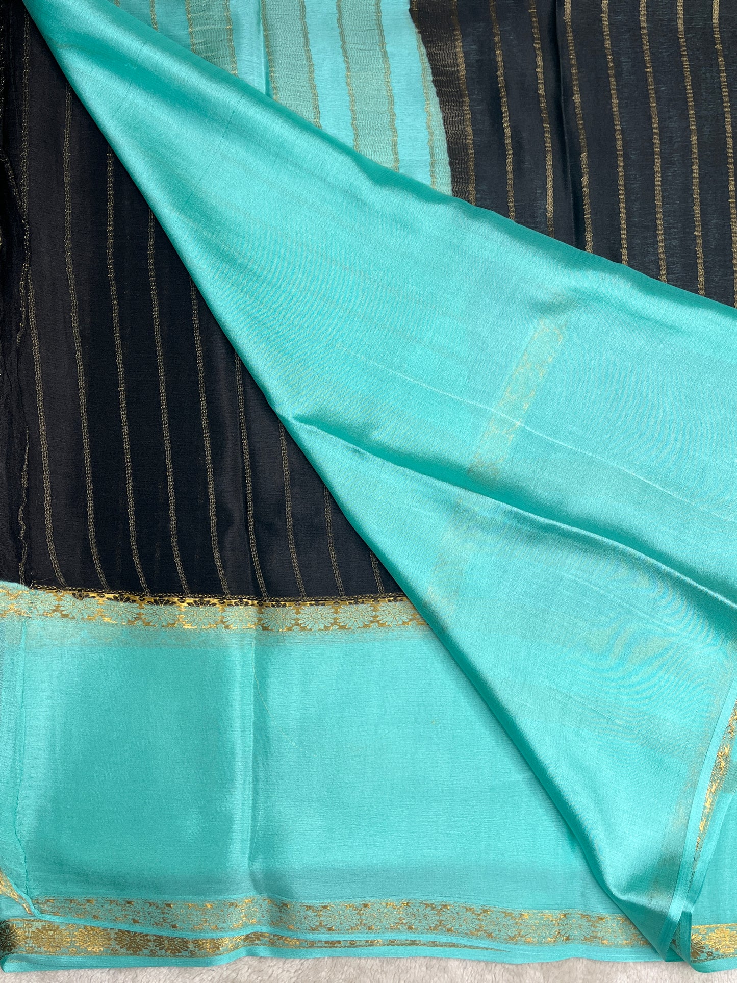 Pure Crepe Mysore Silk crush Saree In Black With Blue Contrast Blouse-1146007