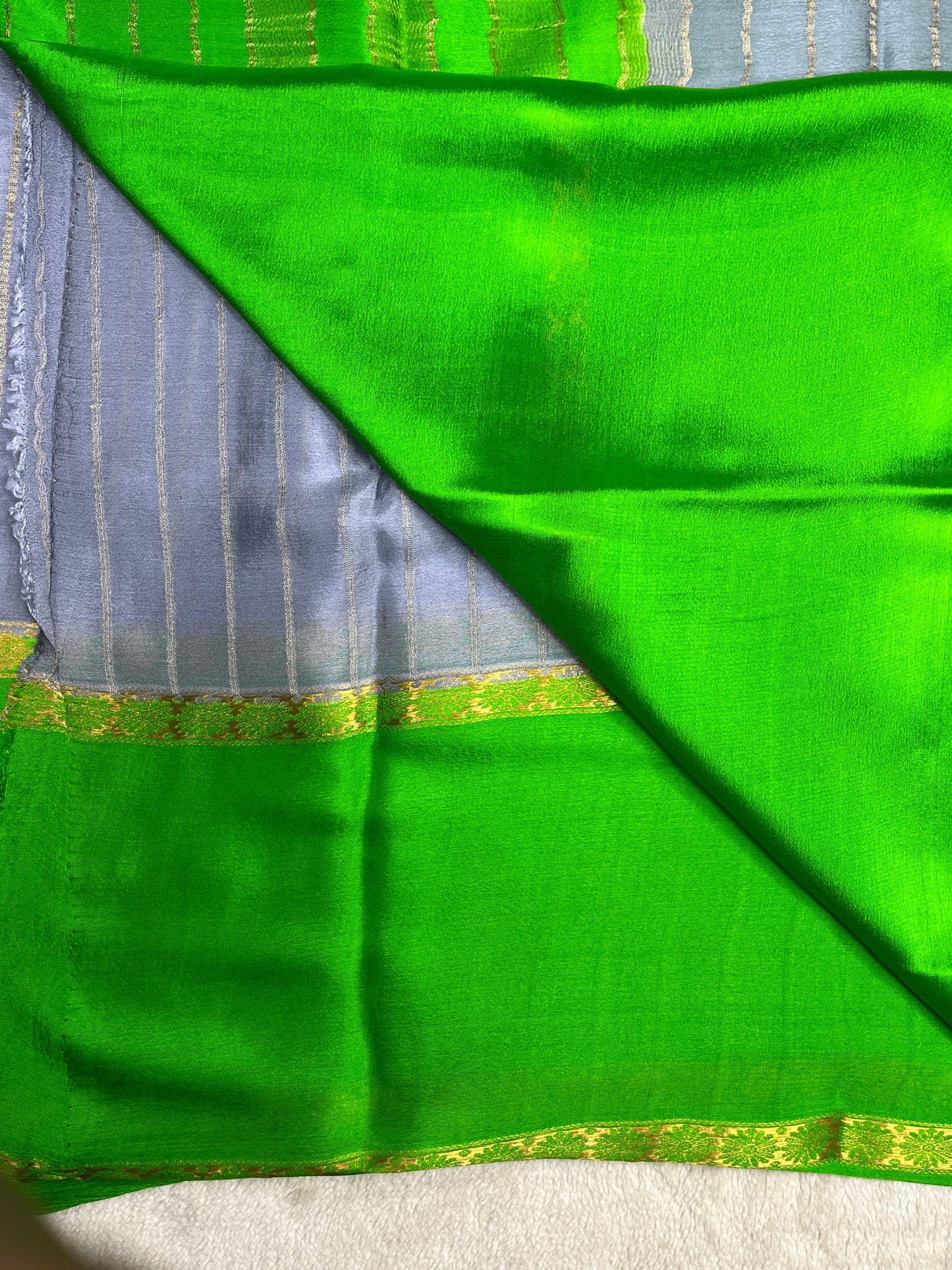 Pure Crepe Mysore Silk Saree bentex stripes In Grey With Green Contrast Blouse-1145310