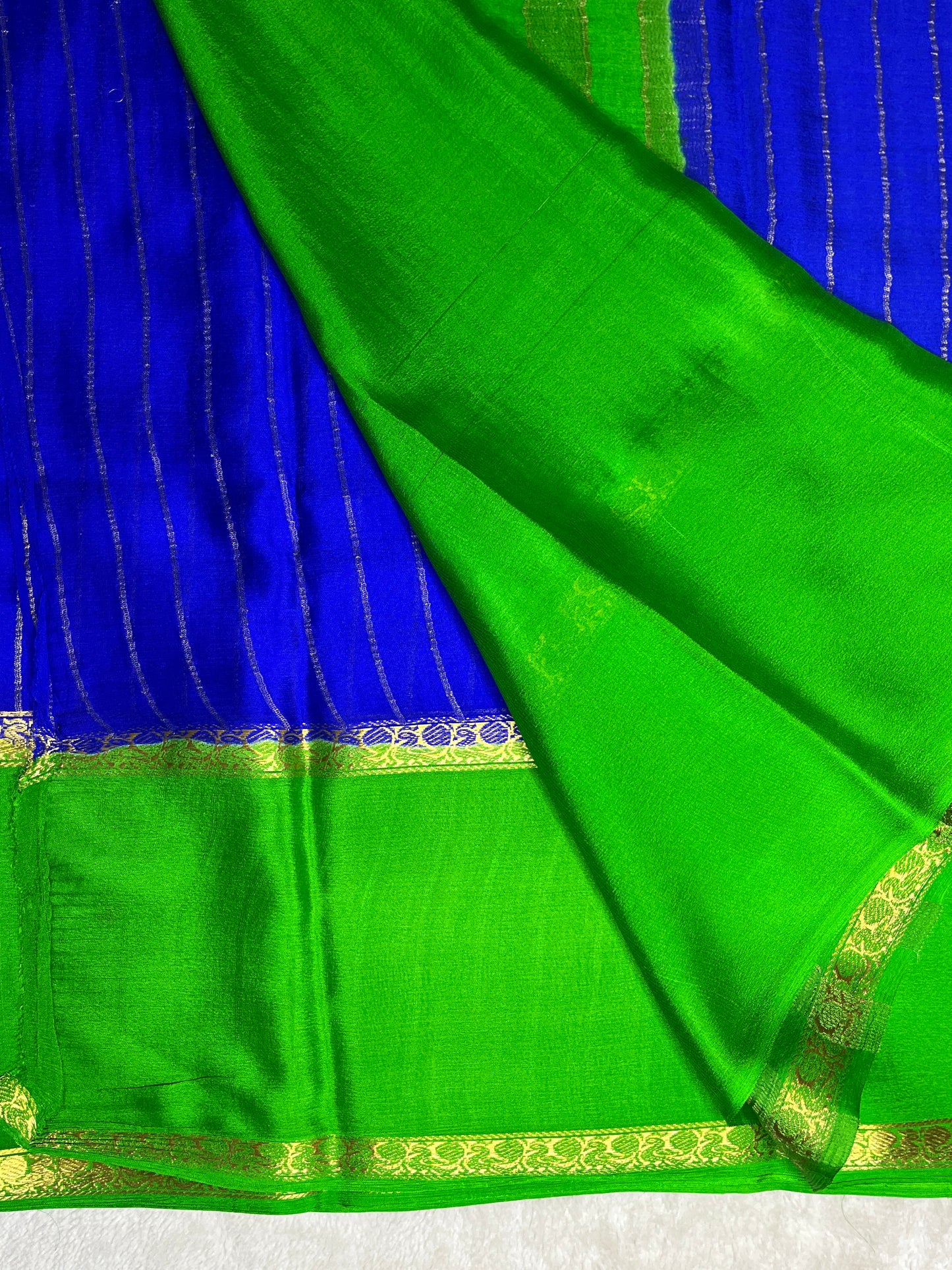 Pure Crepe Mysore Silk crush Saree In Blue With Green Contrast Blouse-1146007