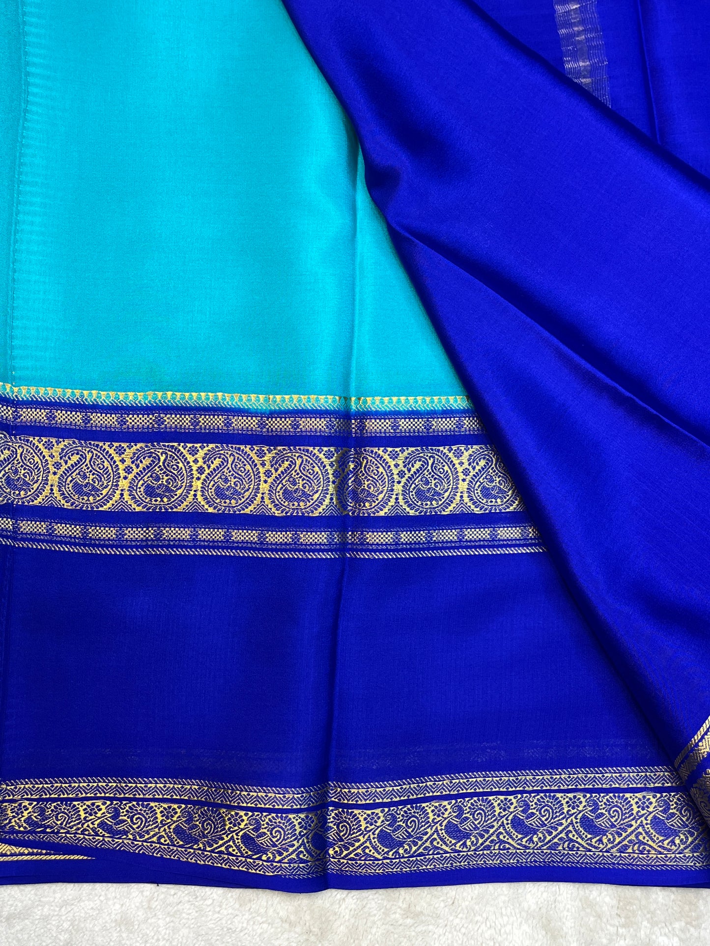 Pure Crepe Mysore Silk 3D Saree In Blue With Royal Blue Contrast Color Blouse
