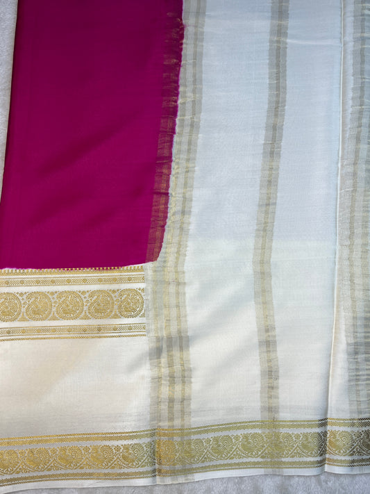 Pure Crepe Mysore Silk 3D Saree In Pink With White Contrast Color Blouse