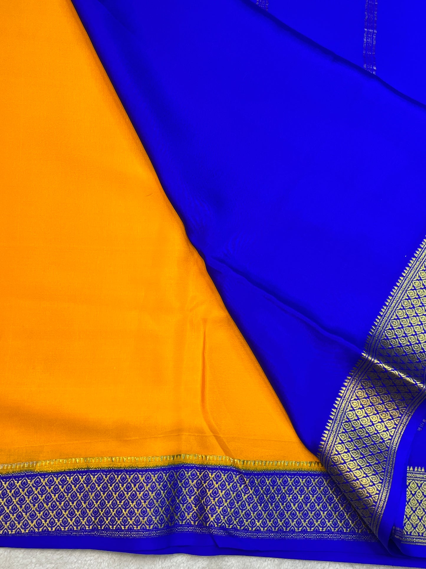 Pure Crepe Mysore Silk Saree In Yellow & Royal Blue contrast border-16271501