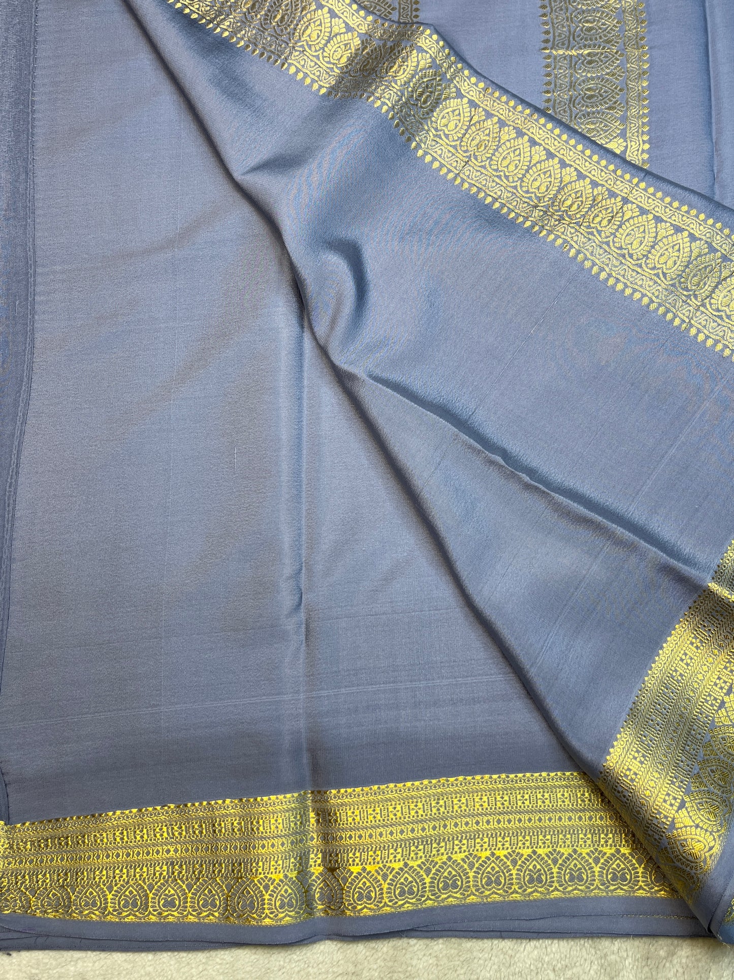 Pure Mysore Silk Saree Heavy Mungi Checks With Grey Butta Mix Checks Border In Self Blouse