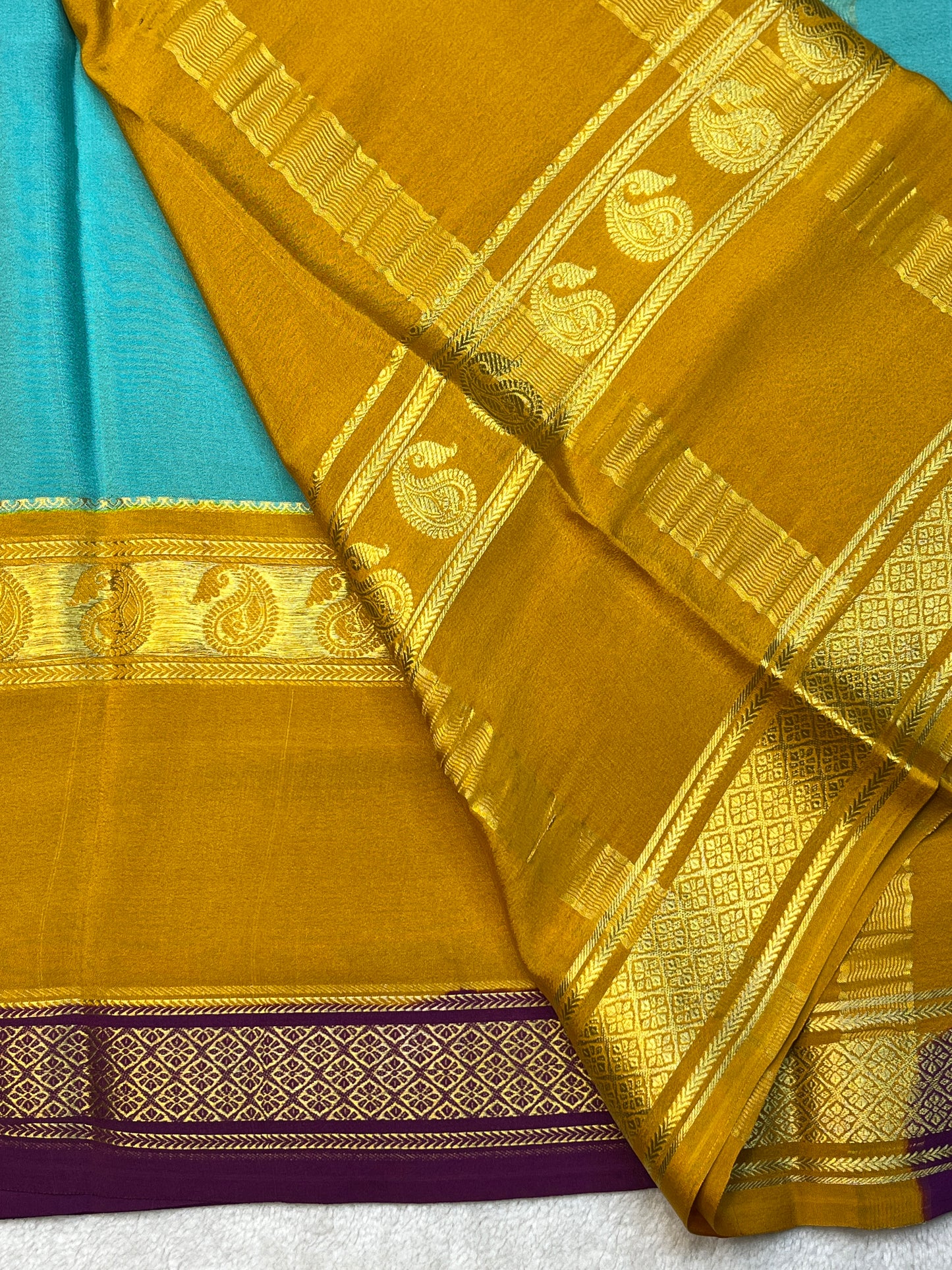 Pure Crepe Mysore Silk 3D Saree In Aqua Blue With Yellow Contrast Blouse
