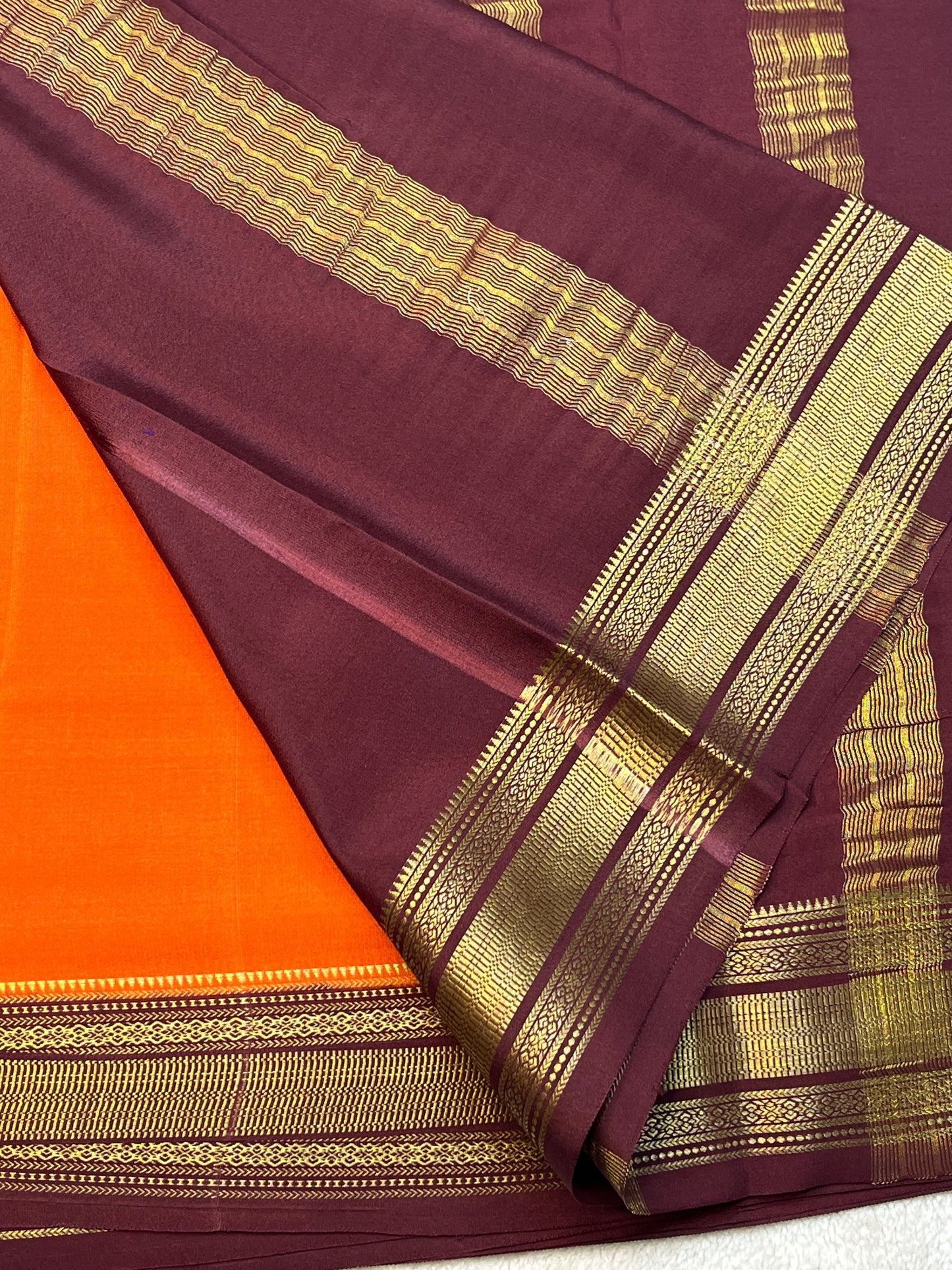 Pure Crepe Mysore Silk Saree patti border In Orange & Brown Contrast Blouse
