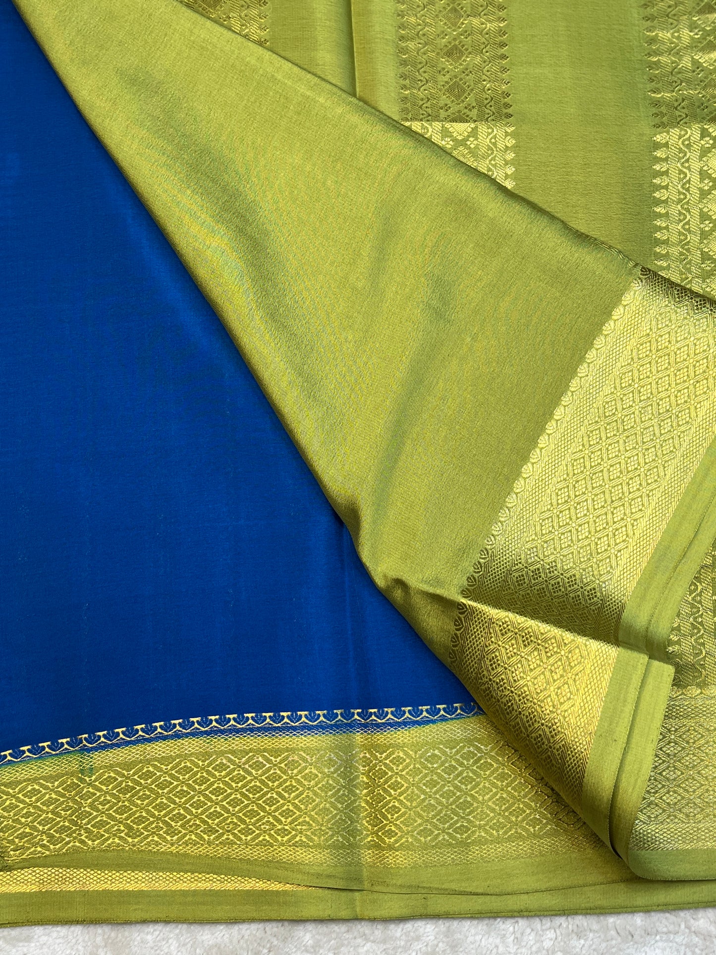 Pure Mysore Silk s&s stripes border 2D Saree in Royal Blue with Contrast Green Blouse