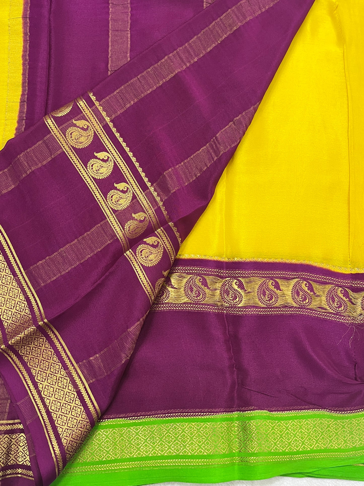 Pure Crepe Mysore Silk-3D Saree in Yellow and Green with Purple Blouse