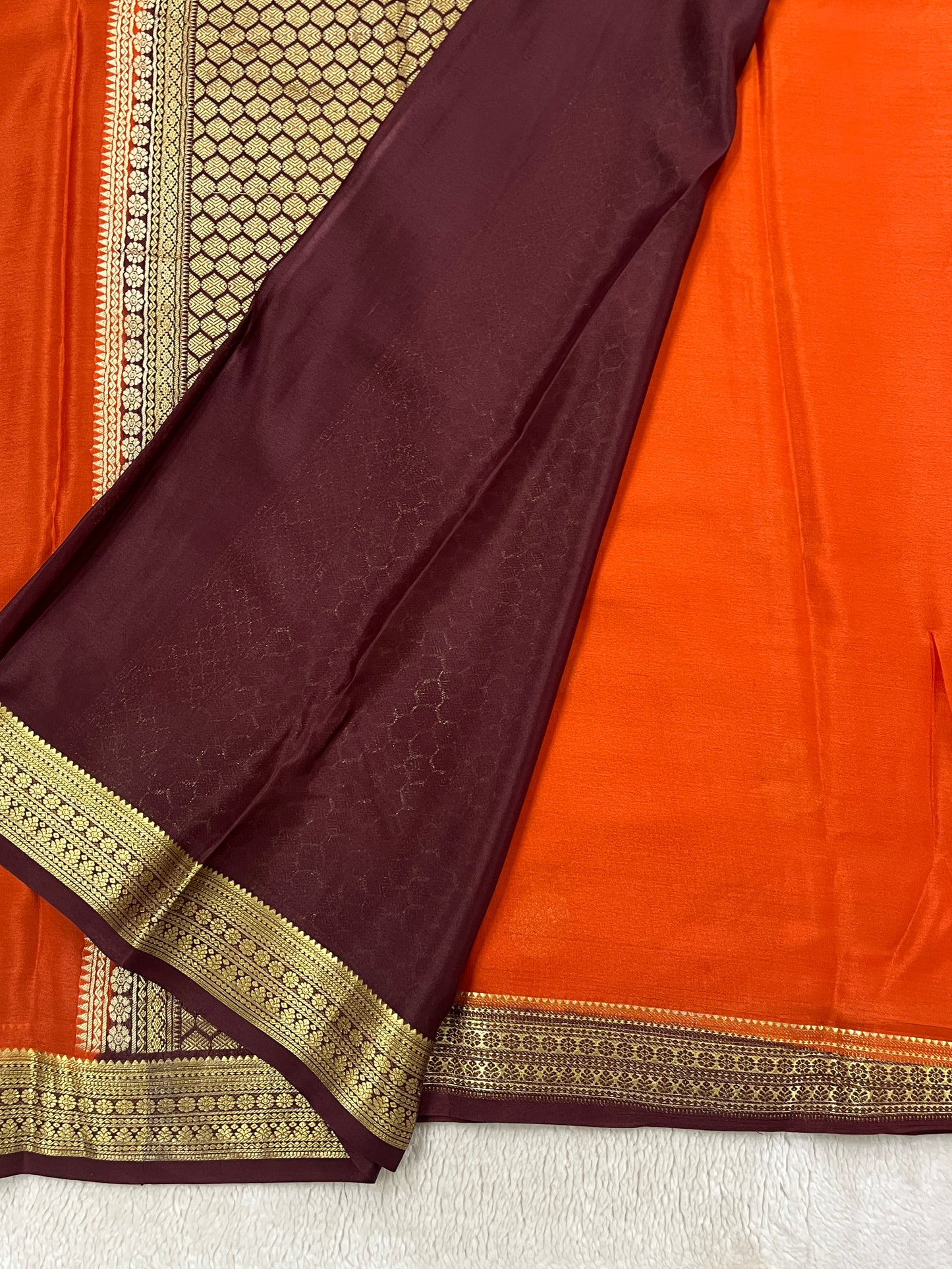 Pure Crepe Mysore Silk Saree Gatti Border Butta Orange & With Brocade Brown Contrast Blouse