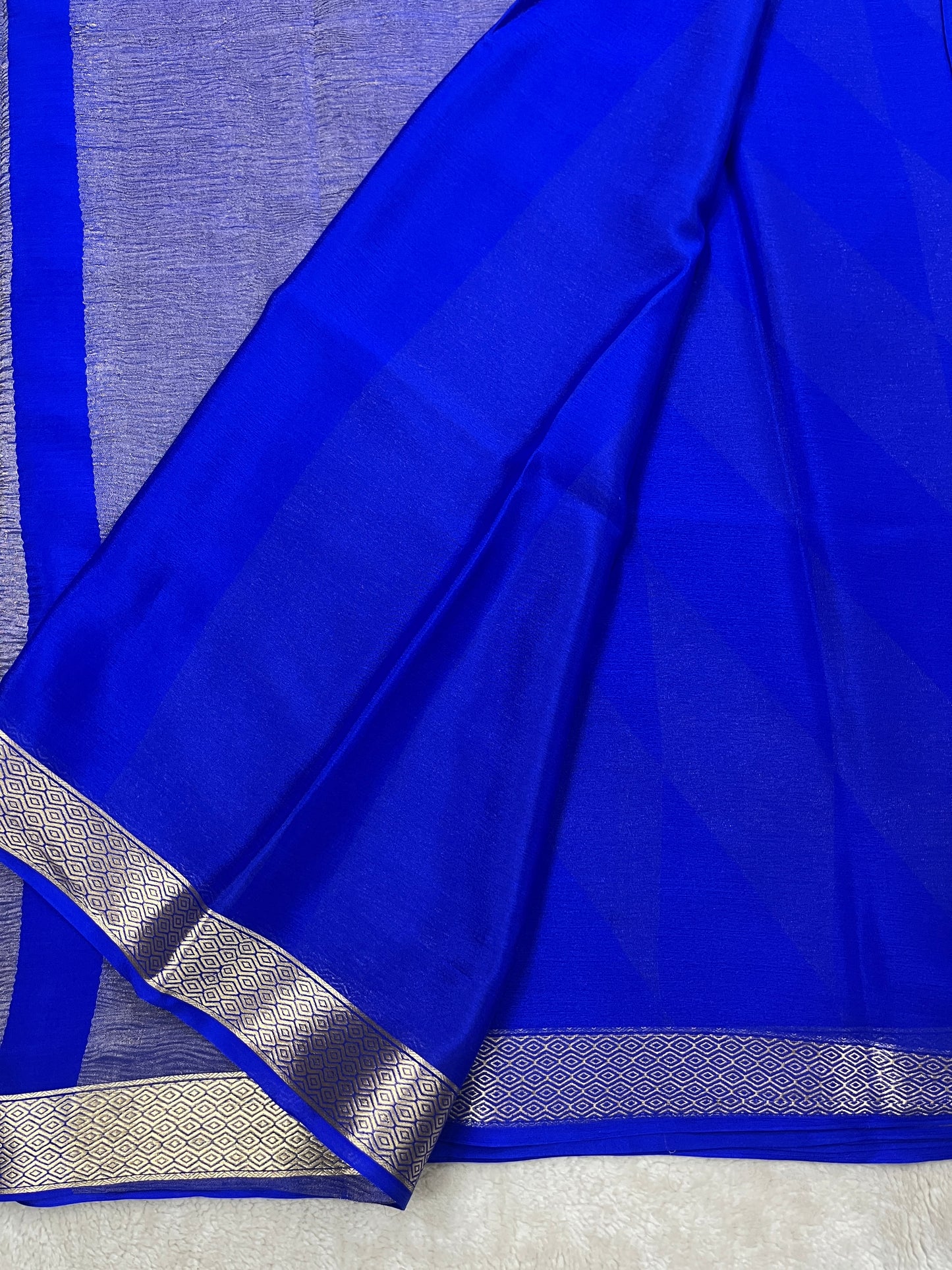 Pure Crepe Mysore Silk Saree In Diamond Crush Brocade With Royal Blue Self Blouse