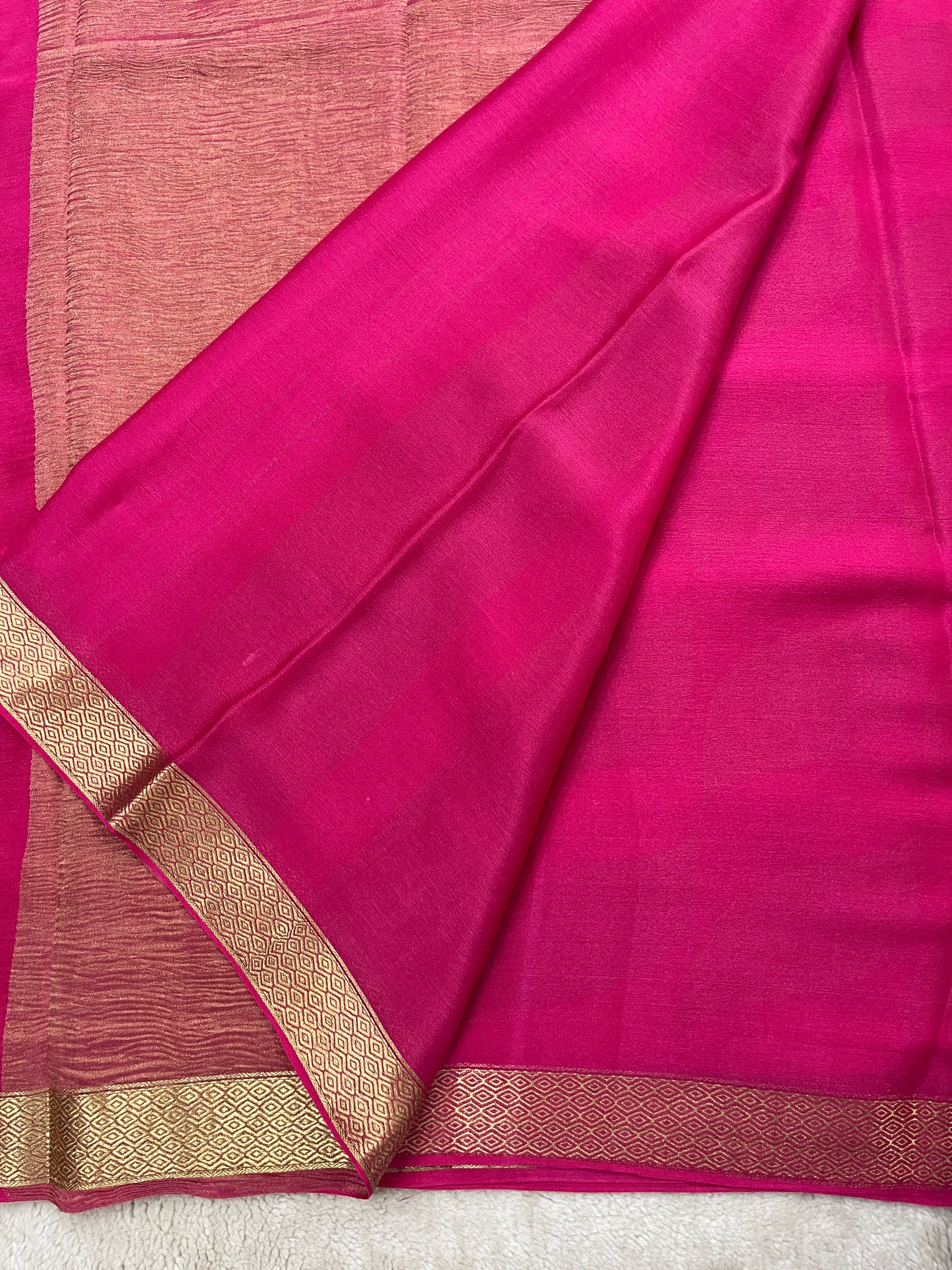 Pure Crepe Mysore Silk Saree In Diamond Crush Brocade With Pink Self Blouse