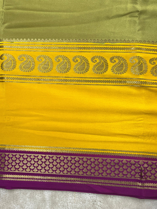 Pure Crepe Mysore Silk 3D Saree In Green with Yellow Contrast Blouse