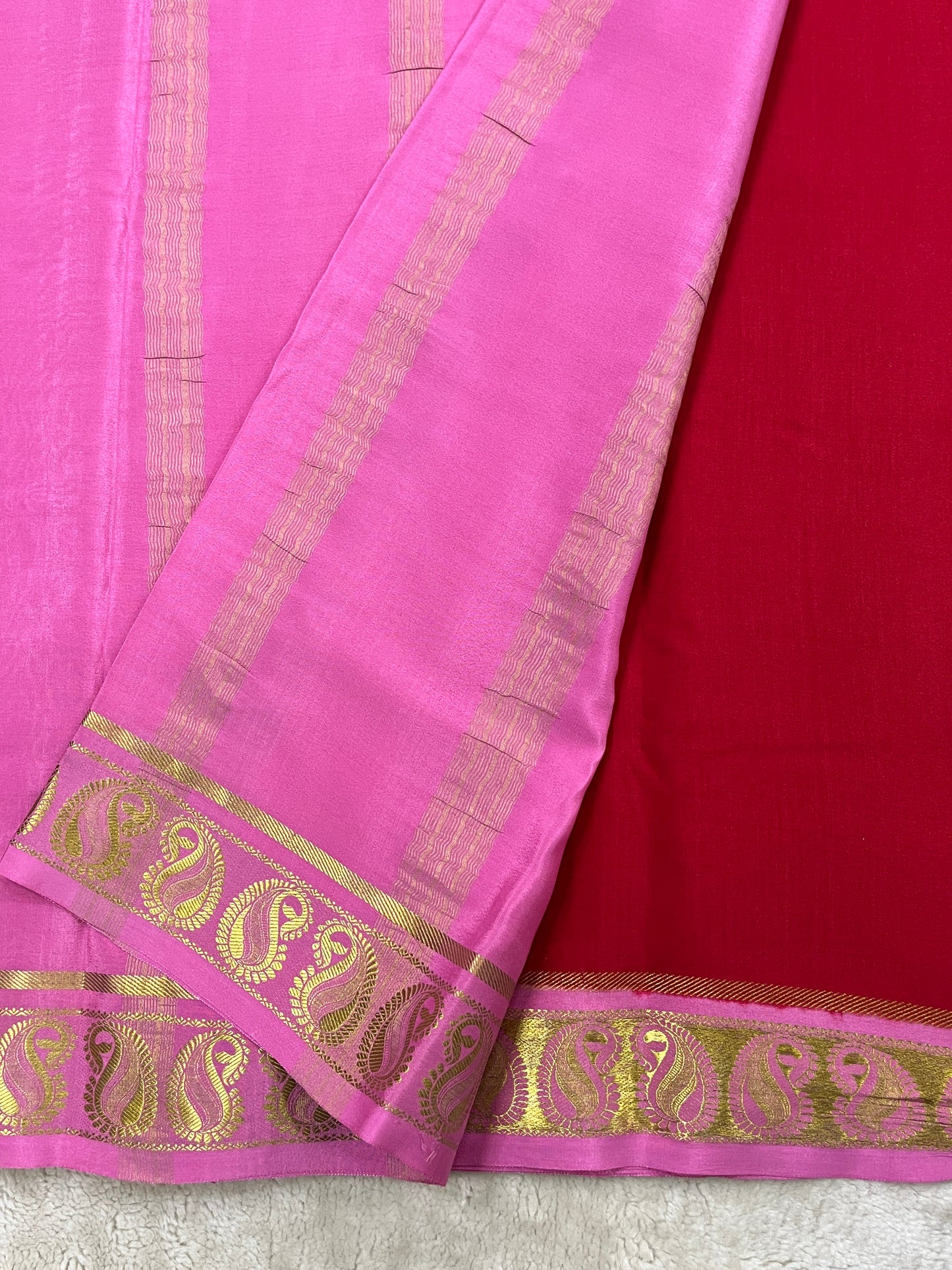 Pure Mysore Silk Saree In Patti Border With Red and Pink Contrast Blouse