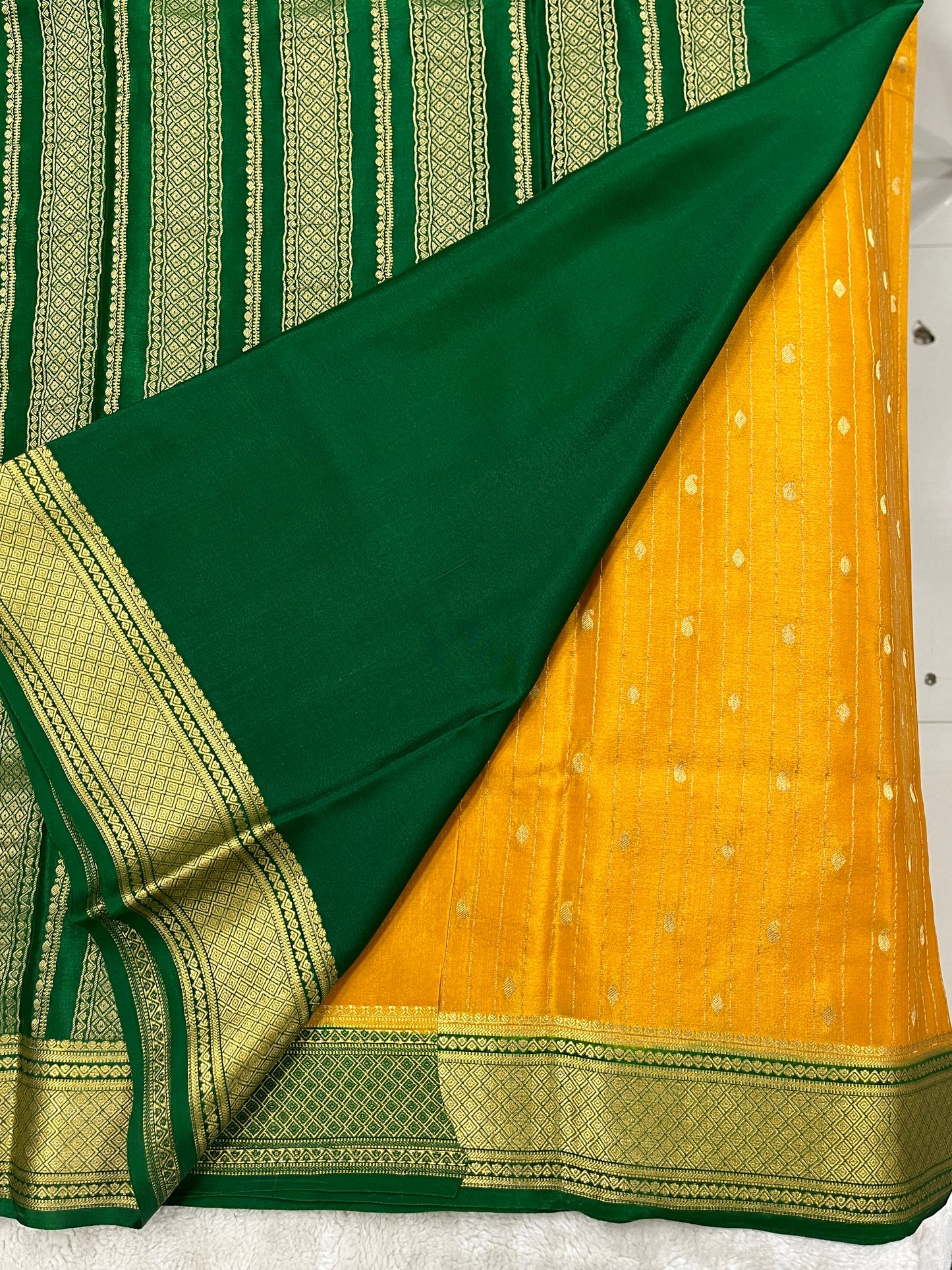 Pure Crepe Mysore Silk Saree in stripes mango Butta - 1145304