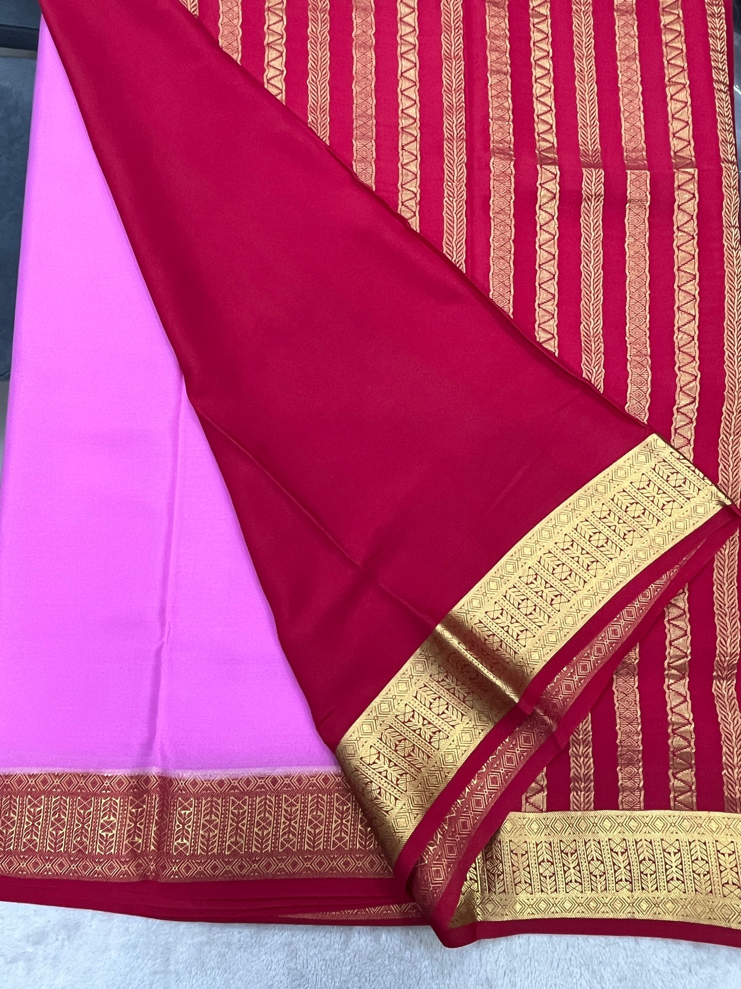 Pure mysore silk saree in Plain Pink with Red Contrast Blouse-16271501