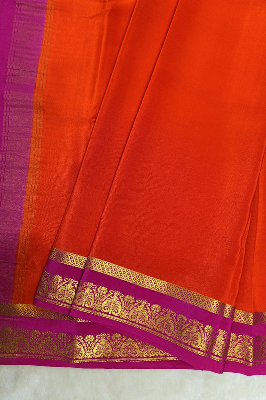 Heart Border Pure Mysore Silk Saree in Orange and Pink Color with Contrast Pink Color Blouse