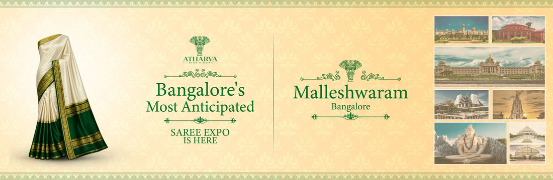 Atharva House of Sarees Saree Expo in Malleshwaram, Bangalore showcasing over 10,000 sarees including pure Mysore silk, Kanchi silk, Gadwal, Tussar, Linen, and Ugadi special collections with exclusive festive offers.