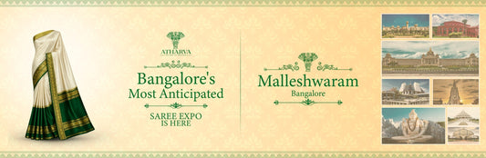 Atharva House of Sarees Saree Expo in Malleshwaram, Bangalore showcasing over 10,000 sarees including pure Mysore silk, Kanchi silk, Gadwal, Tussar, Linen, and Ugadi special collections with exclusive festive offers.