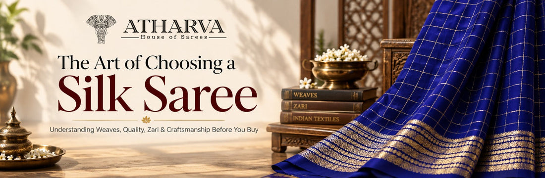 The Art of Choosing a Silk Saree poster featuring Atharva House of Sarees, with a luxurious blue silk saree, gold zari detailing, and a traditional Indian setting.