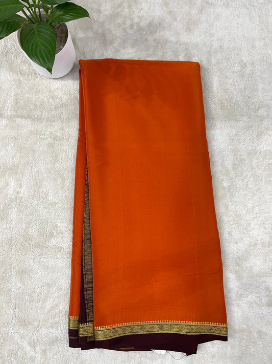 Pure Zari Mysore Silk Saree One Inch Dimond Border In Orange With Brown Contrast Color Blouse