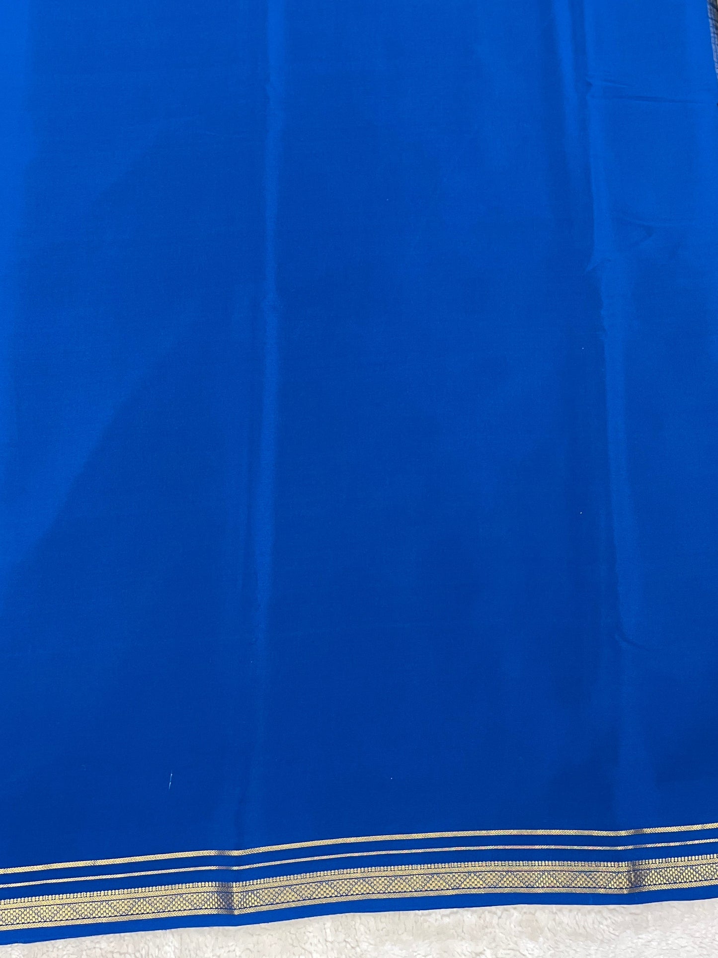 Two Line One Inch Border in Gold Lace Mysore silk saree In Self Blue Color