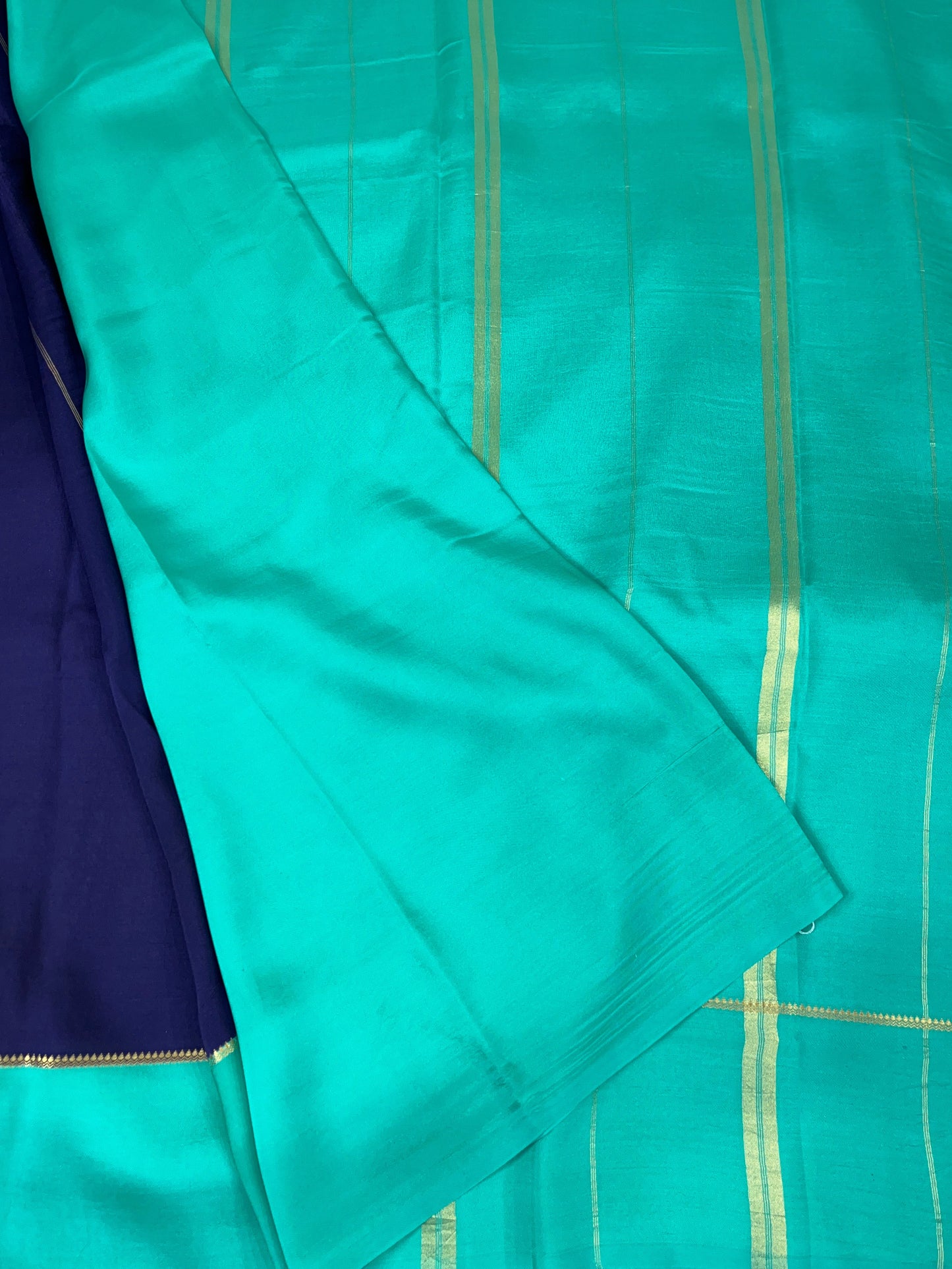 Pure Zari Mysore Silk Saree Bentex Border In Navy blue With Teal Blue Contrast Color