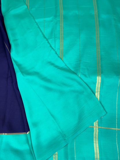 Pure Zari Mysore Silk Saree Bentex Border In Navy blue With Teal Blue Contrast Color