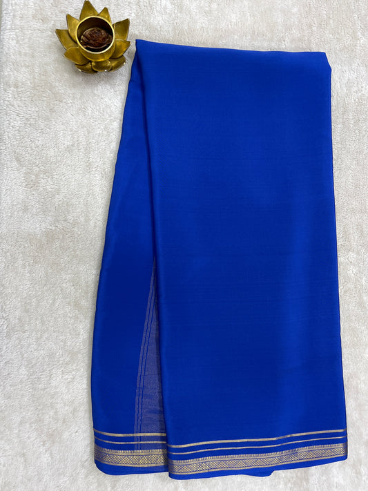 Two Line One Inch Border in Gold Lace Mysore silk saree In Self Teal Blue Color
