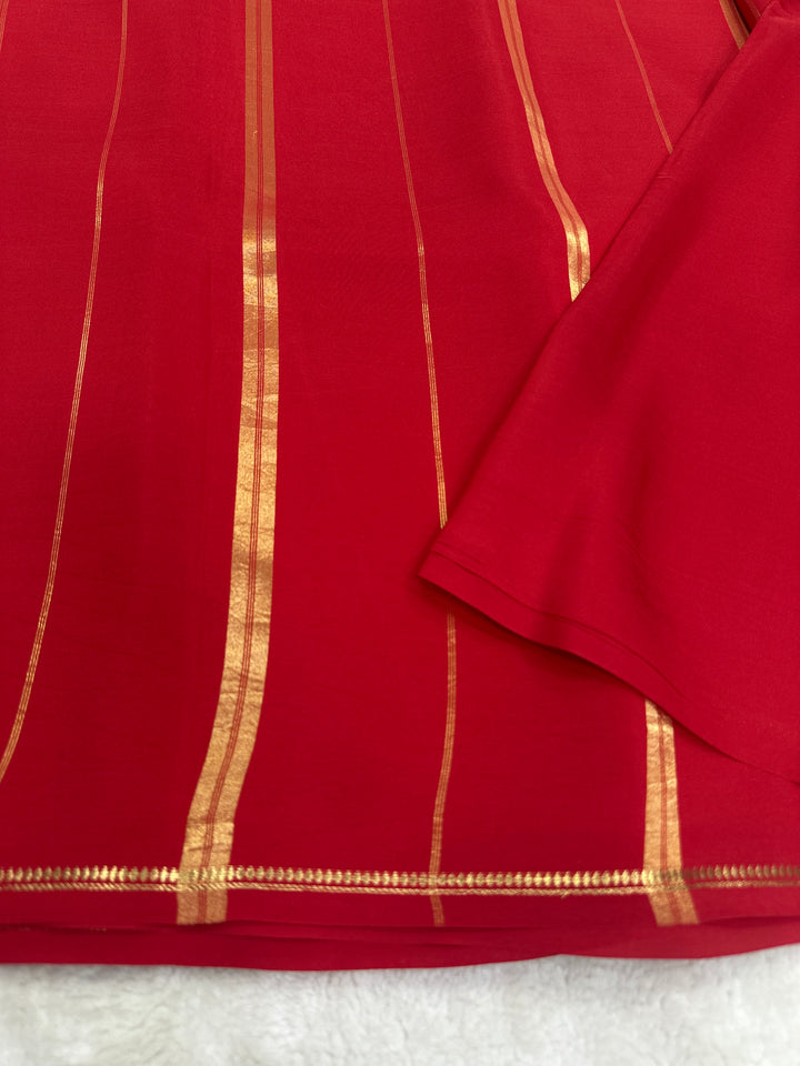 Pencil Border Pure Mysore Silk Saree in Pure Zari Dark Red Color With Self Color Blouse