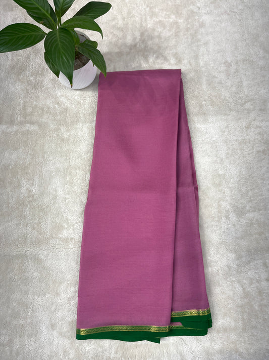 Pure Zari Mysore Silk Saree Half Inch Border In Onion Pink With Green Contrast Color Blouse