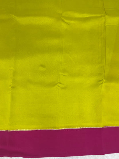 Pure Zari Mysore Silk Saree Bentex Border In Green With Pink Contrast Color
