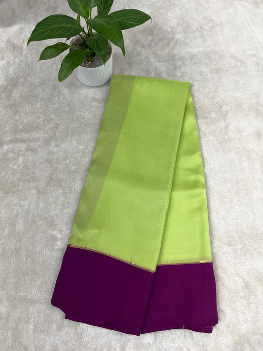 Pure Zari Mysore Silk Saree Bentex Border In Pista Green With Dark Pink Contrast Color