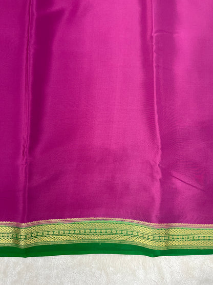 Pure Zari Mysore Silk Saree Floral Gatti Border In Pink With Green Contrast Color Blouse