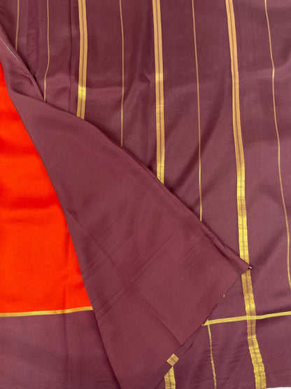 Pure Zari Mysore Silk Saree Bentex Border In Orange With Brown Contrast Color