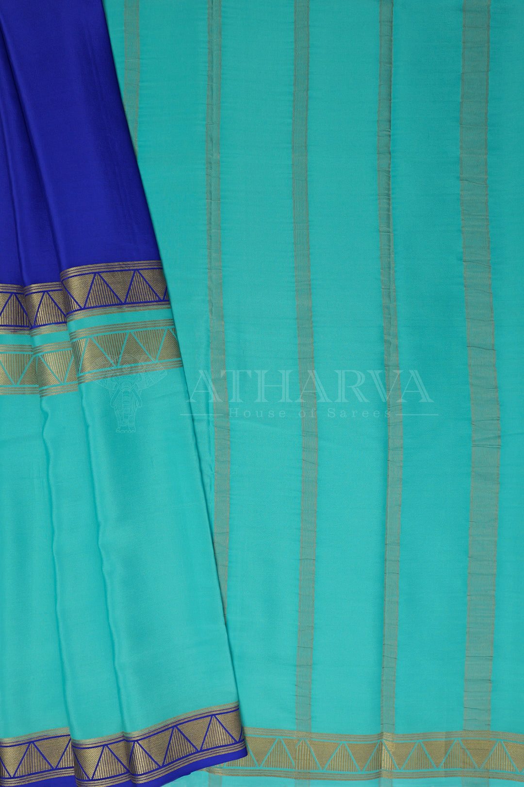 Aqua Blue and Royal Blue MYSORESILK SAREE IN HALF AND HALF Patte