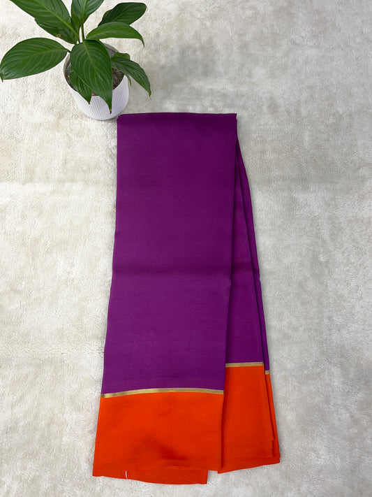 Pure Zari Mysore Silk Saree Bentex Border In Puple With Orange Contrast Color