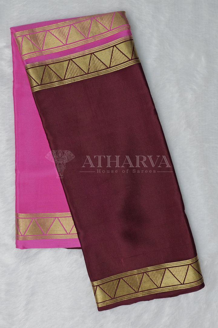 Hot pink and Brown Pure Mysore Crepe Silk Saree In half & half pattern