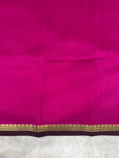 Pure Zari Mysore Silk Saree Two Mango Border In Pink With Brown Contrast Color Blouse