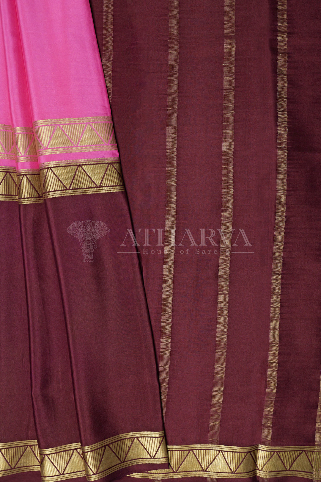 Hot pink and Brown Pure Mysore Crepe Silk Saree In half & half pattern