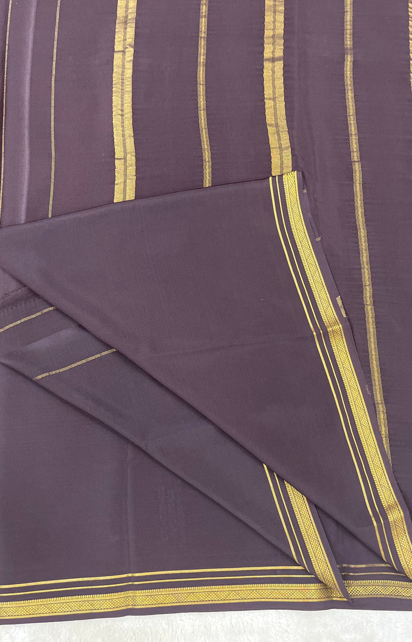 Two Line One Inch Border in Gold Lace Mysore silk saree In Self Dark Brown Color