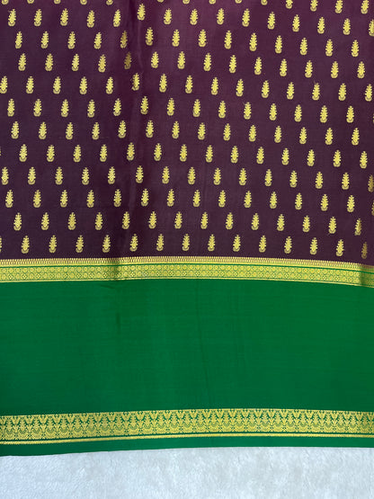 Pure crepe Mysore silk saree butta in Pink , Green and Brown contrast Colour Blouse