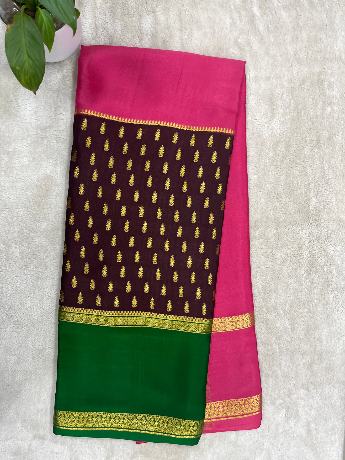 Pure crepe Mysore silk saree butta in Pink , Green and Brown contrast Colour Blouse