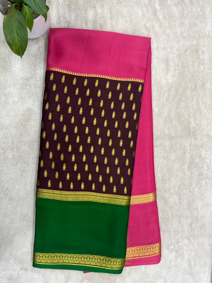 Pure crepe Mysore silk saree butta in Pink , Green and Brown contrast Colour Blouse