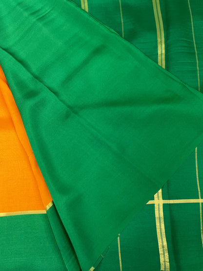 Pure Zari Mysore Silk Saree Bentex Border In Yellow With Green Contrast Color