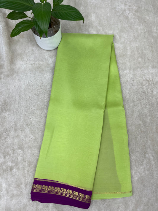Pure Zari Mysore Silk Saree Elephant Border In Pista Green With Pink Contrast Color Blouse